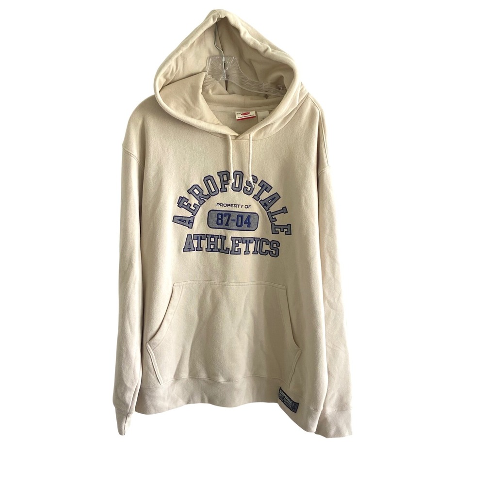 Aeropostale Athletics Mens XL Hoodie Cream Beige Varsity Graphic Fleece Pullover